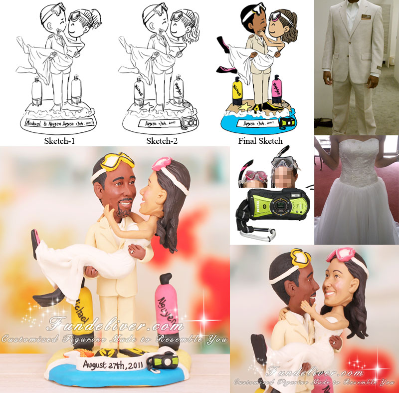 Beach Wedding Cake Toppers Groom Carrying Bride with Scuba Diver Gears